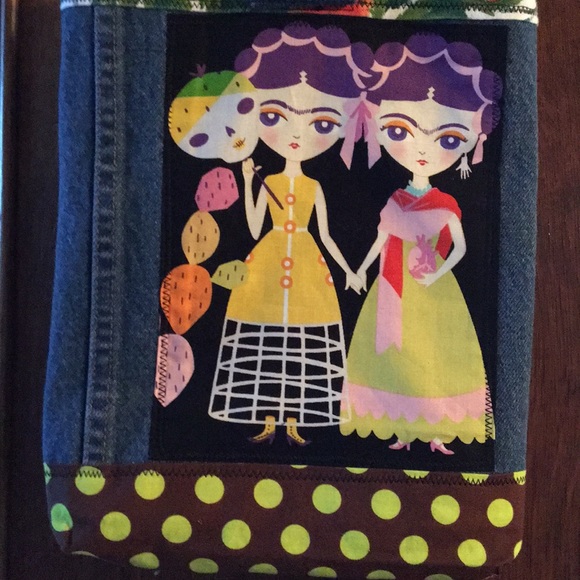 Freida Kahlo Upcycled Denim bamboo handles purse - Picture 5 of 8